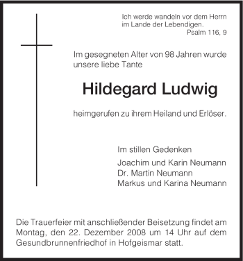 Traueranzeige von Hildegard Ludwig von HNA