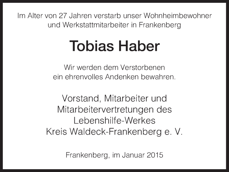  Traueranzeige für Tobias Haber vom 09.01.2015 aus HNA