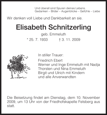 Traueranzeige von Elisabeth Schnitzerling von HNA