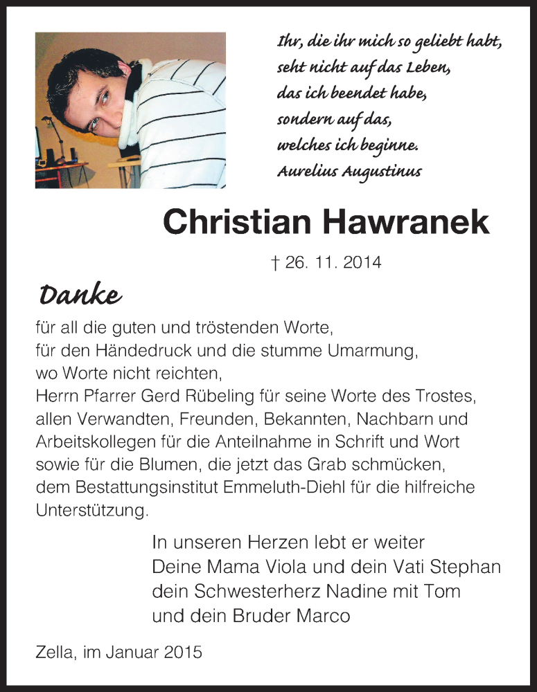  Traueranzeige für Christian Hawranek vom 03.01.2015 aus HNA