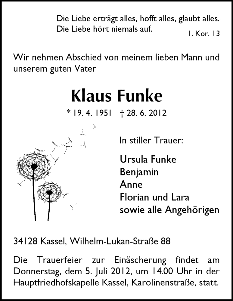  Traueranzeige für Klaus Funke vom 30.06.2012 aus HNA