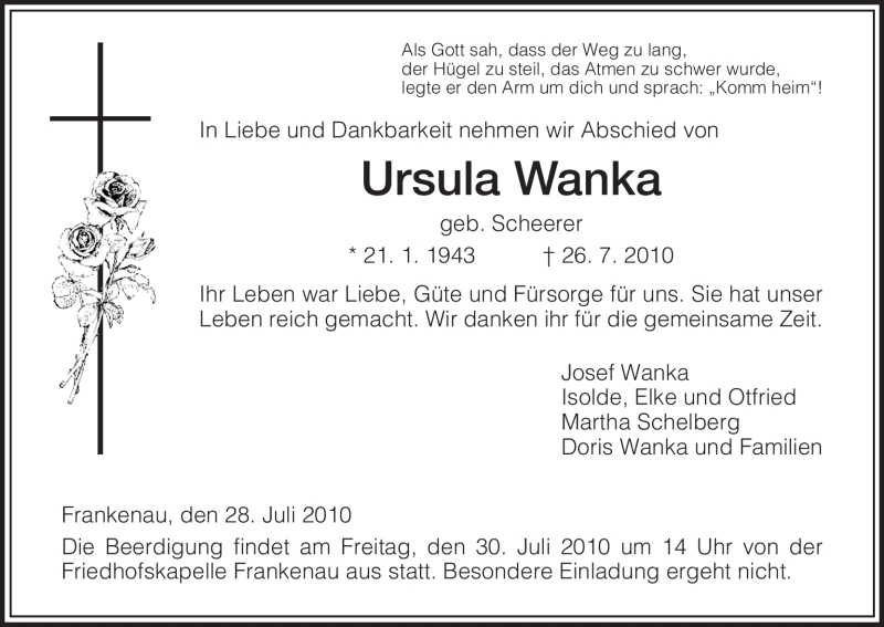  Traueranzeige für Ursula Wanka vom 28.07.2010 aus HNA