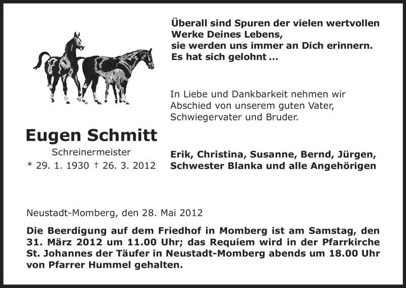  Traueranzeige für Eugen Schmitt vom 29.03.2012 aus HNA