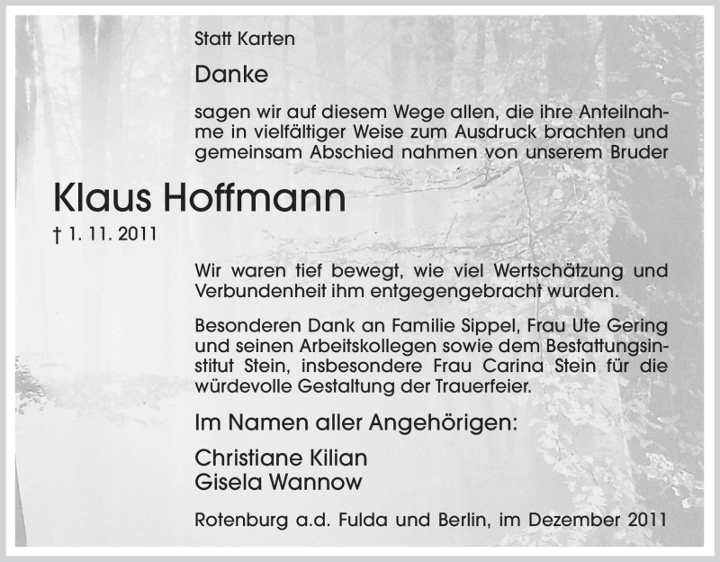  Traueranzeige für Klaus Hoffmann vom 10.12.2011 aus HNA