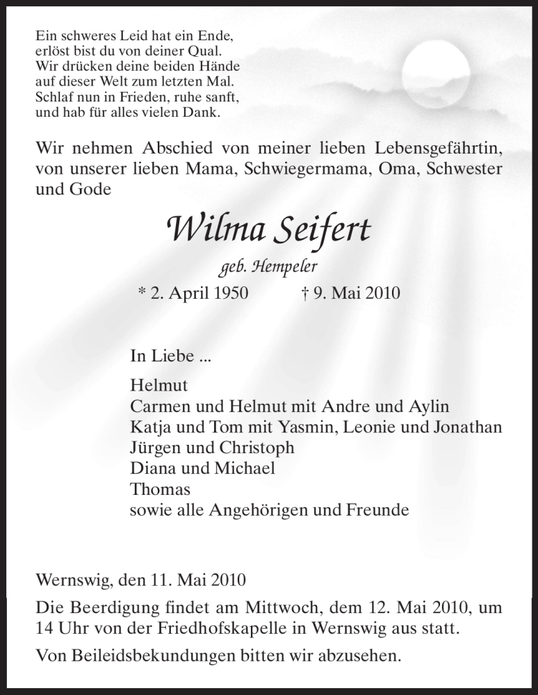 Traueranzeige für Wilma Seifert vom 11.05.2010 aus HNA