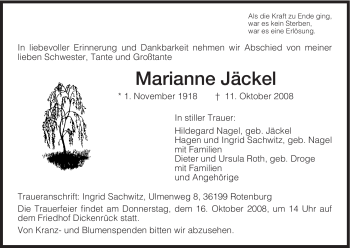 Traueranzeige von Marianne Jäckel von HNA