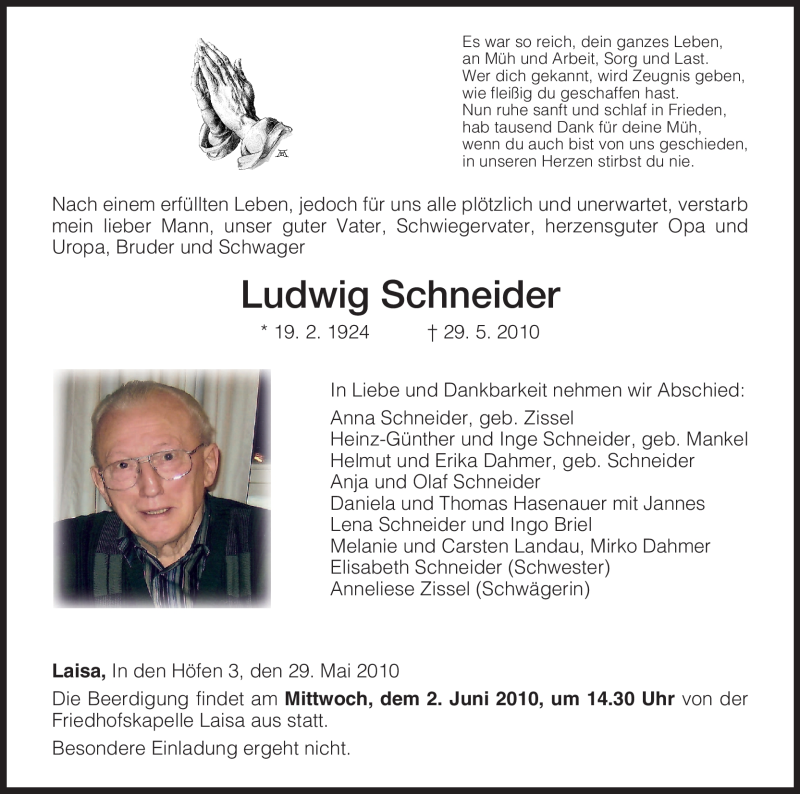  Traueranzeige für Ludwig Schneider vom 31.05.2010 aus HNA