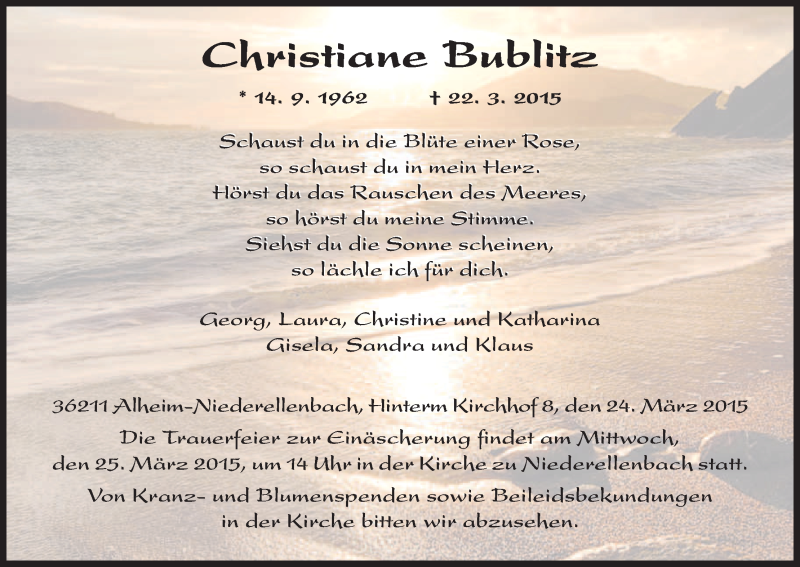  Traueranzeige für Christiane Bublitz vom 24.03.2015 aus HNA