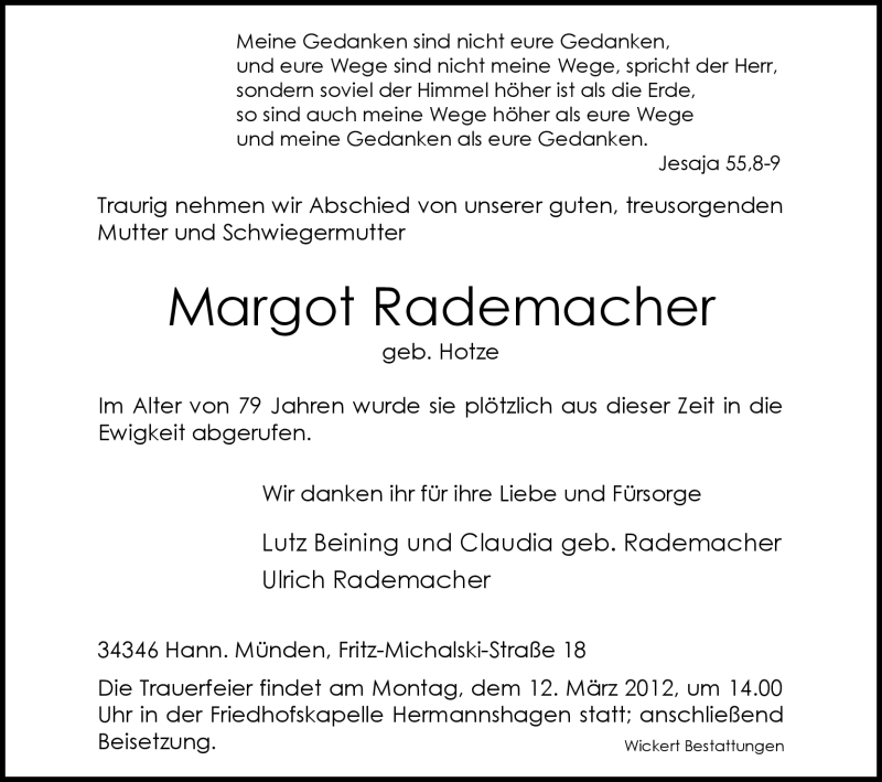  Traueranzeige für Margot Rademacher vom 08.03.2012 aus HNA