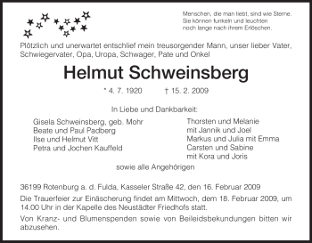 Traueranzeige von Helmut Schweinsberg von HNA