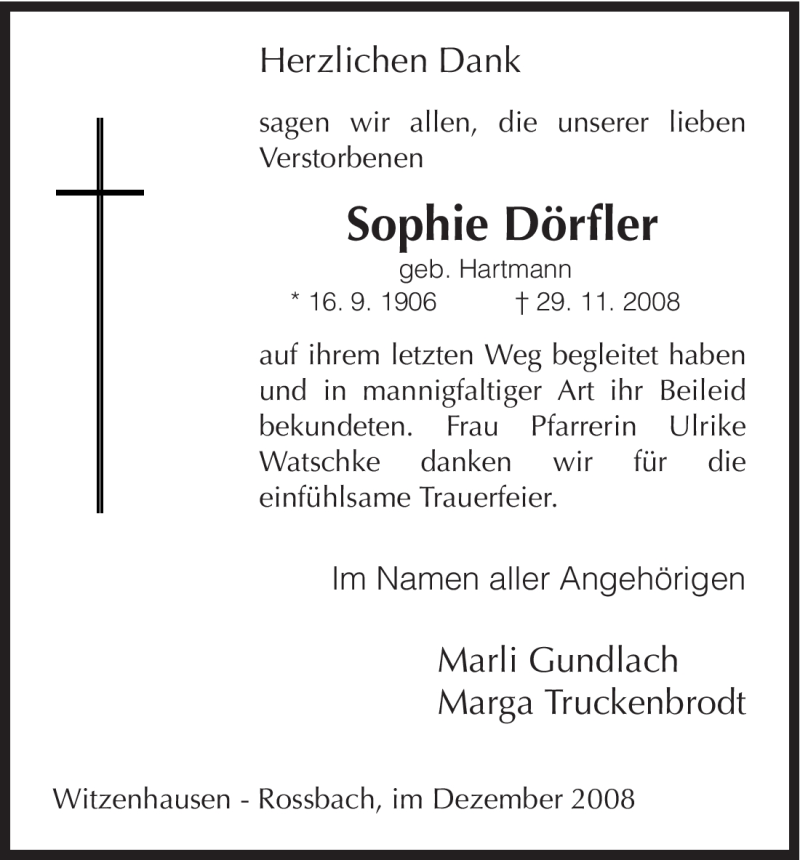  Traueranzeige für Sophie Dörfler vom 31.12.2008 aus HNA