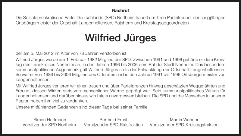  Traueranzeige für Wilfried Jürges vom 12.05.2012 aus HNA