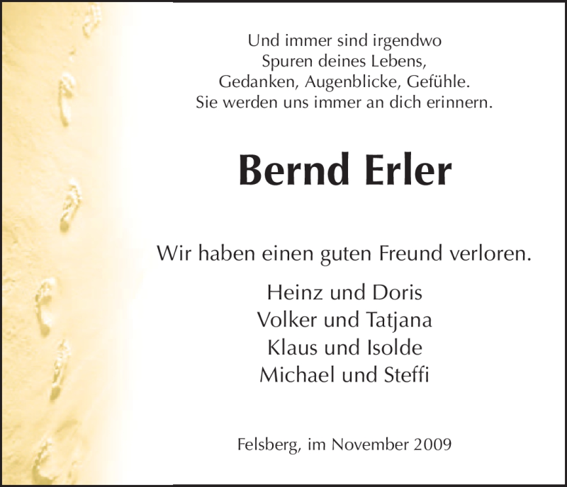  Traueranzeige für Bernd Erler vom 13.11.2009 aus HNA