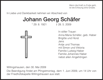 Traueranzeige von Johann Georg Schäfer von HNA