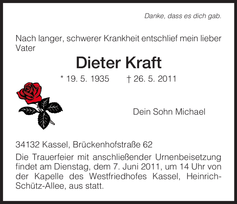  Traueranzeige für Dieter Kraft vom 04.06.2011 aus HNA