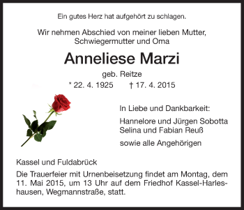 Traueranzeige von Anneliese Marzi von HNA