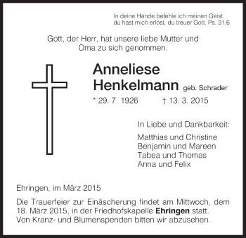 Traueranzeige von Anneliese Henkelmann von HNA