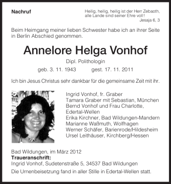 Traueranzeige von Annelore Helga Vonhof von HNA