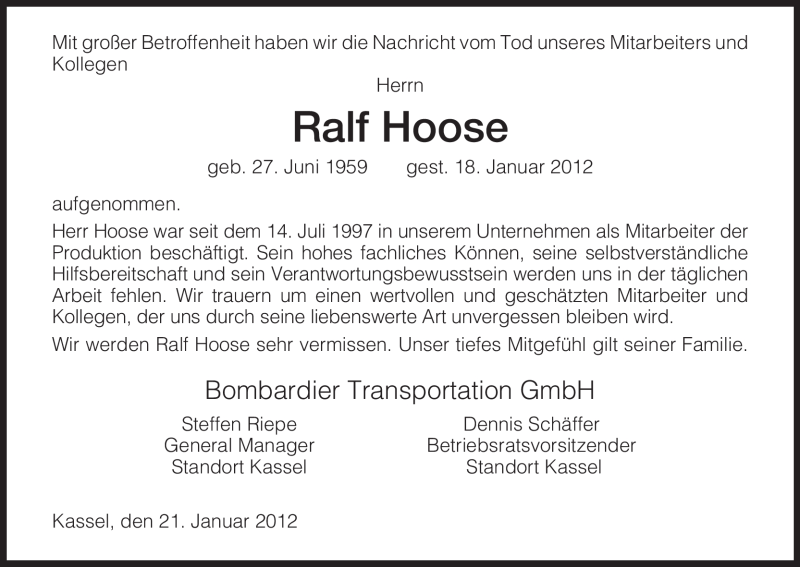  Traueranzeige für Ralf Hoose vom 21.01.2012 aus HNA