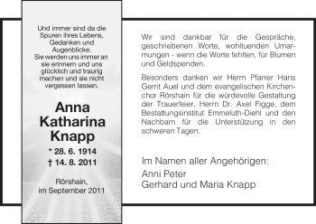 Traueranzeige von Anna Katharina Knapp von HNA