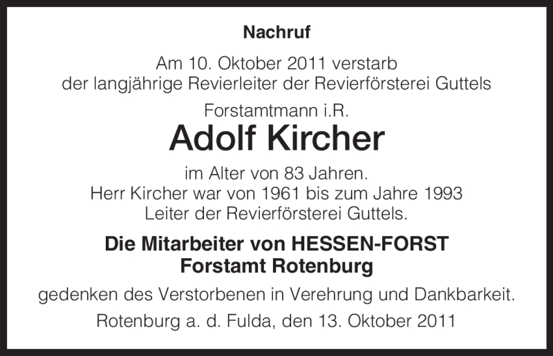  Traueranzeige für Adolf Kircher vom 13.10.2011 aus HNA