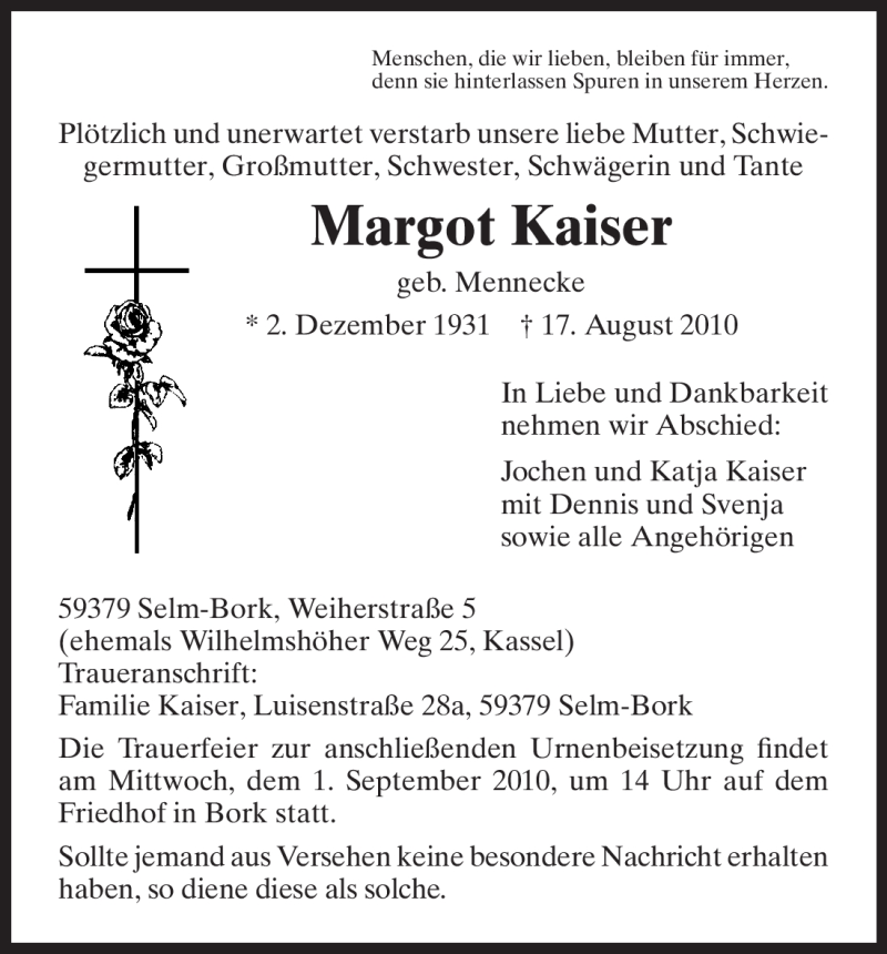  Traueranzeige für Margot Kaiser vom 21.08.2010 aus HNA