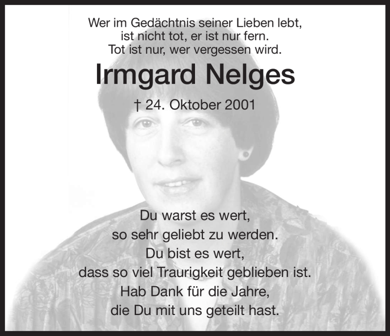  Traueranzeige für Irmgard Nelges vom 24.10.2011 aus HNA