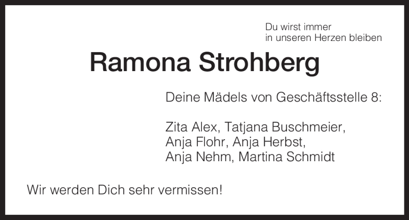  Traueranzeige für Ramona Strohberg vom 04.07.2012 aus HNA