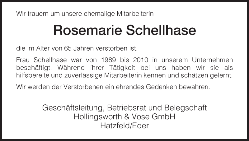  Traueranzeige für Rosemarie Schellhase vom 21.01.2015 aus HNA