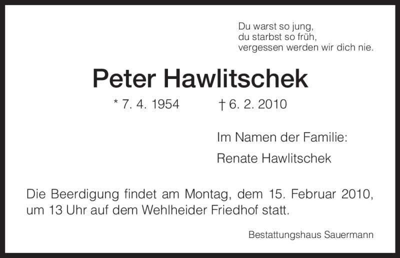  Traueranzeige für Peter Hawlitschek vom 11.02.2010 aus HNA