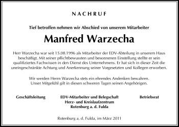 Traueranzeige von Manfred Warzecha von HNA