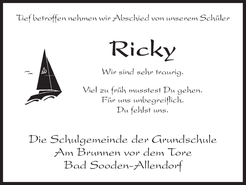  Traueranzeige für Ricky  vom 18.04.2015 aus HNA