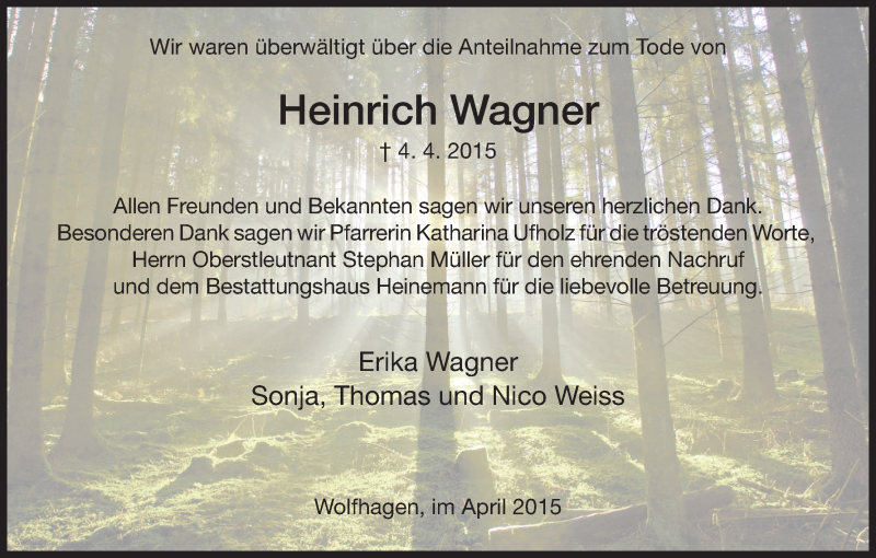  Traueranzeige für Heinrich Wagner vom 01.05.2015 aus HNA