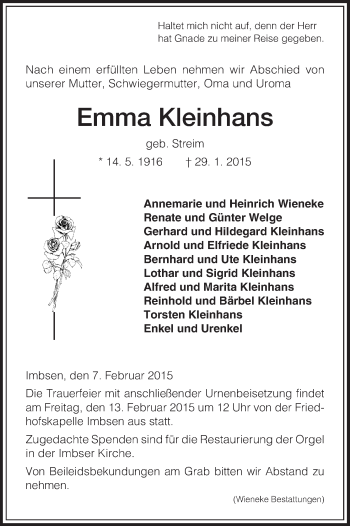 Traueranzeige von Emma Kleinhans von HNA