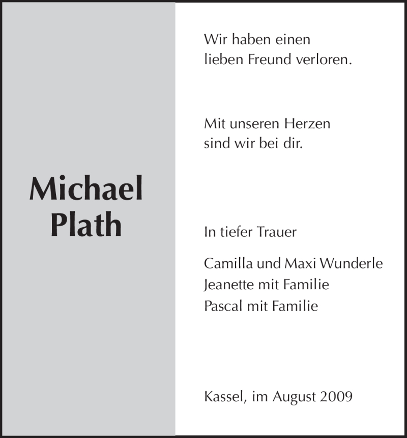  Traueranzeige für Michael Plath vom 15.08.2009 aus HNA