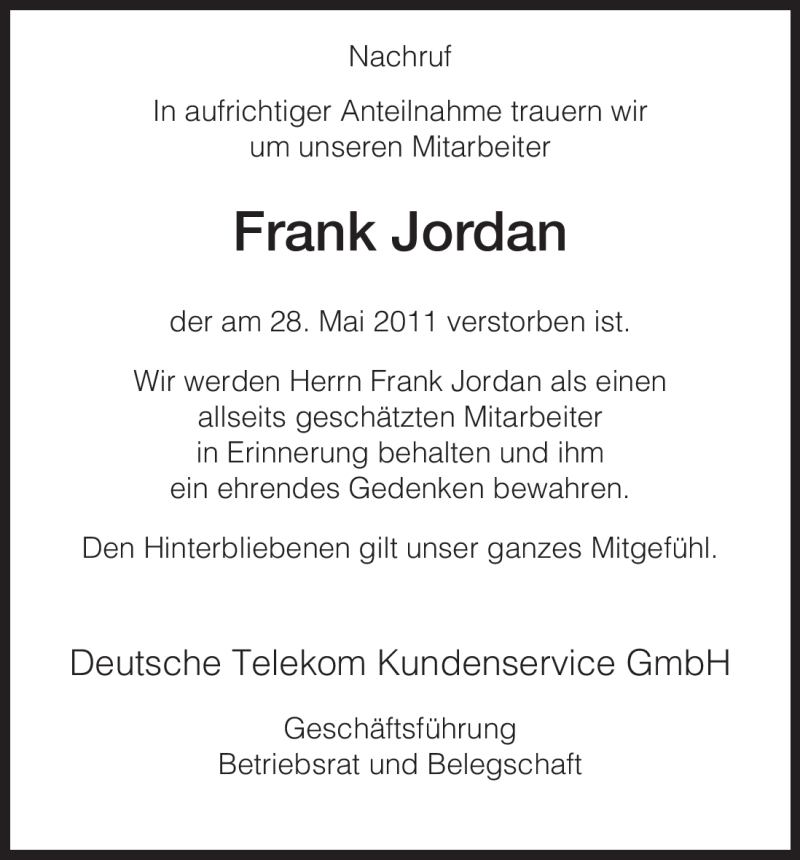  Traueranzeige für Frank Jordan vom 04.06.2011 aus HNA