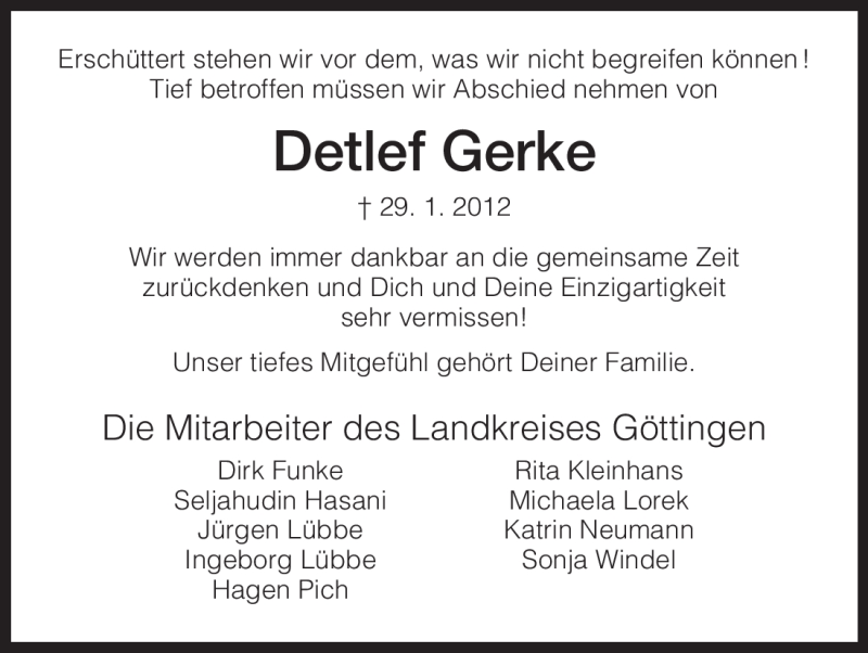  Traueranzeige für Detlef Gerke vom 04.02.2012 aus HNA