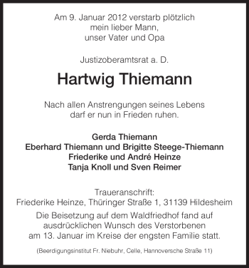 Traueranzeige von Hartwig Thiemann von HNA