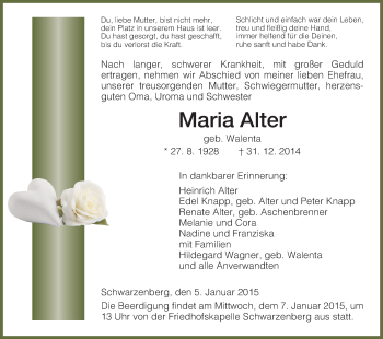 Traueranzeige von Maria Alter von HNA