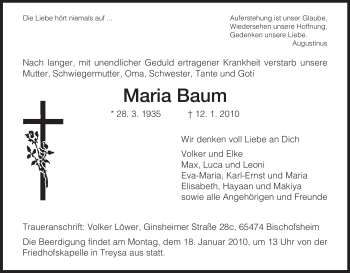 Traueranzeige von Maria Baum von HNA