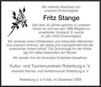 Traueranzeige von Fritz Stange von HNA