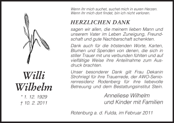 Traueranzeige von Willi Wilhelm von HNA