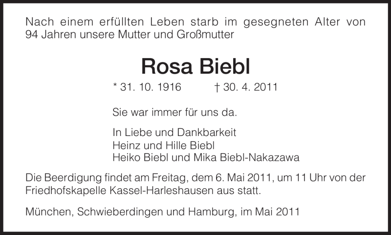  Traueranzeige für Rosa Biebl vom 04.05.2011 aus HNA