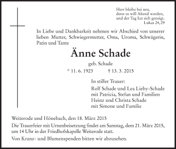 Traueranzeige von Änne Schade von HNA