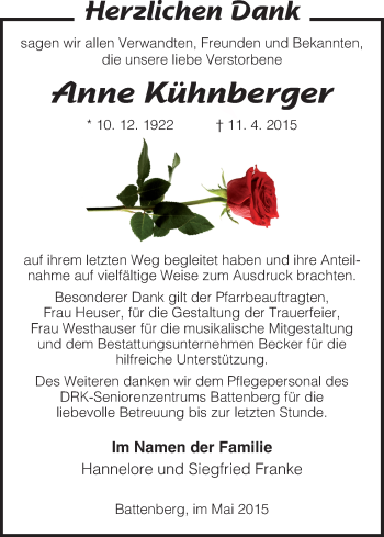 Traueranzeige von Anne Kühnberger von HNA