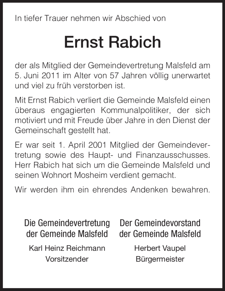  Traueranzeige für Ernst Rabich vom 08.06.2011 aus HNA