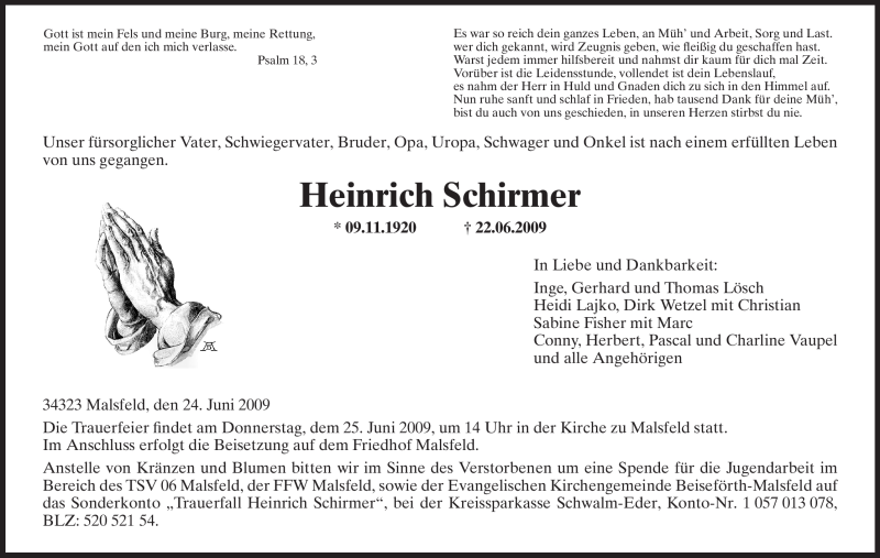  Traueranzeige für Heinrich Schirmer vom 24.06.2009 aus HNA