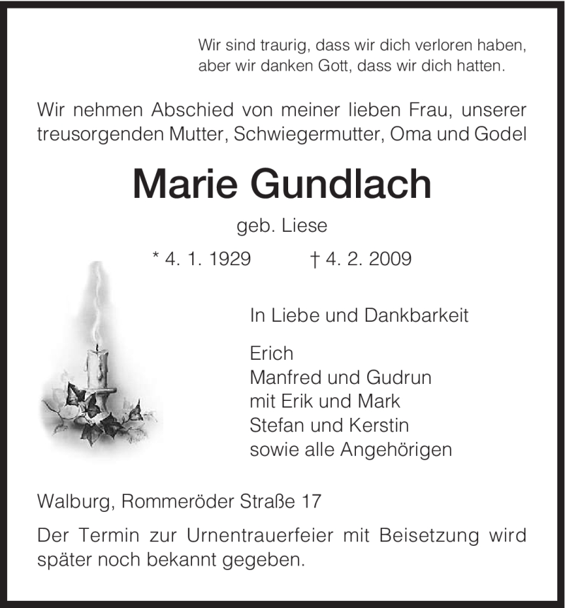  Traueranzeige für Marie Gundlach vom 05.02.2009 aus HNA