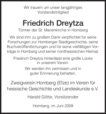 Traueranzeige von Friedrich Dreytza von HNA