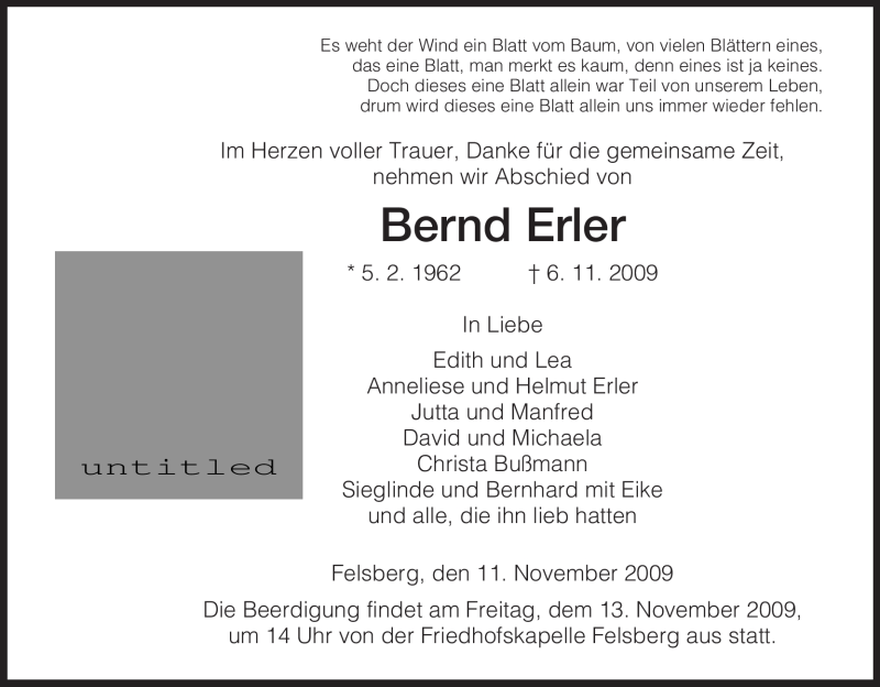  Traueranzeige für Bernd Erler vom 11.11.2009 aus HNA